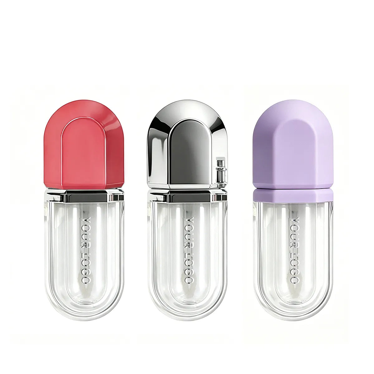 Unique lip gloss tubes with clear rounded bodies and red, reflective silver and lavender caps