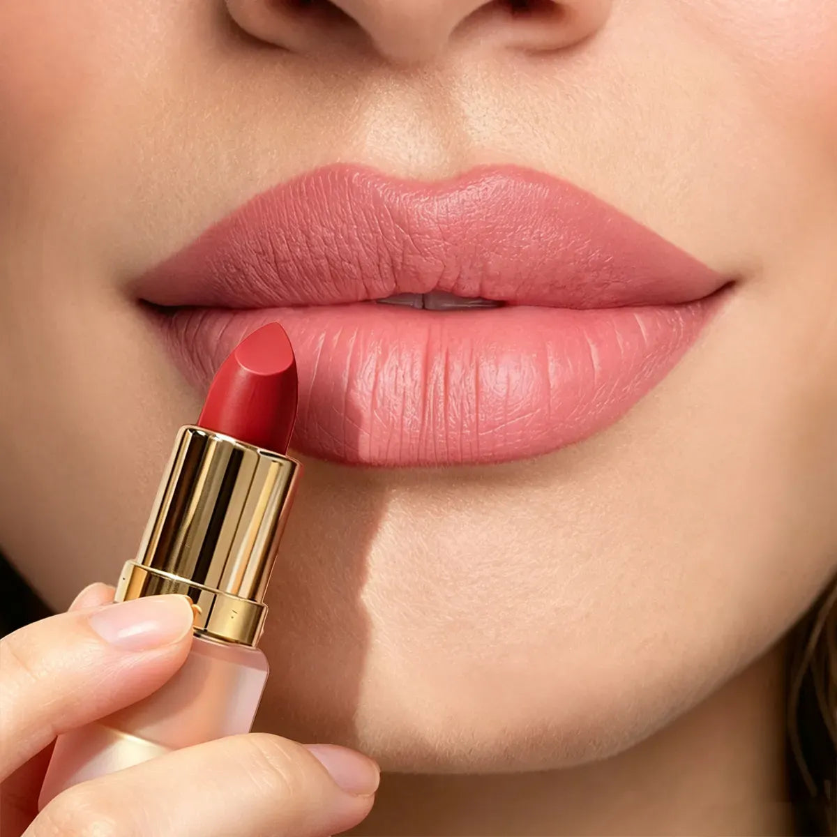 KAIYA velvet lipstick with a soft-focus nude pink finish and blurred appearance