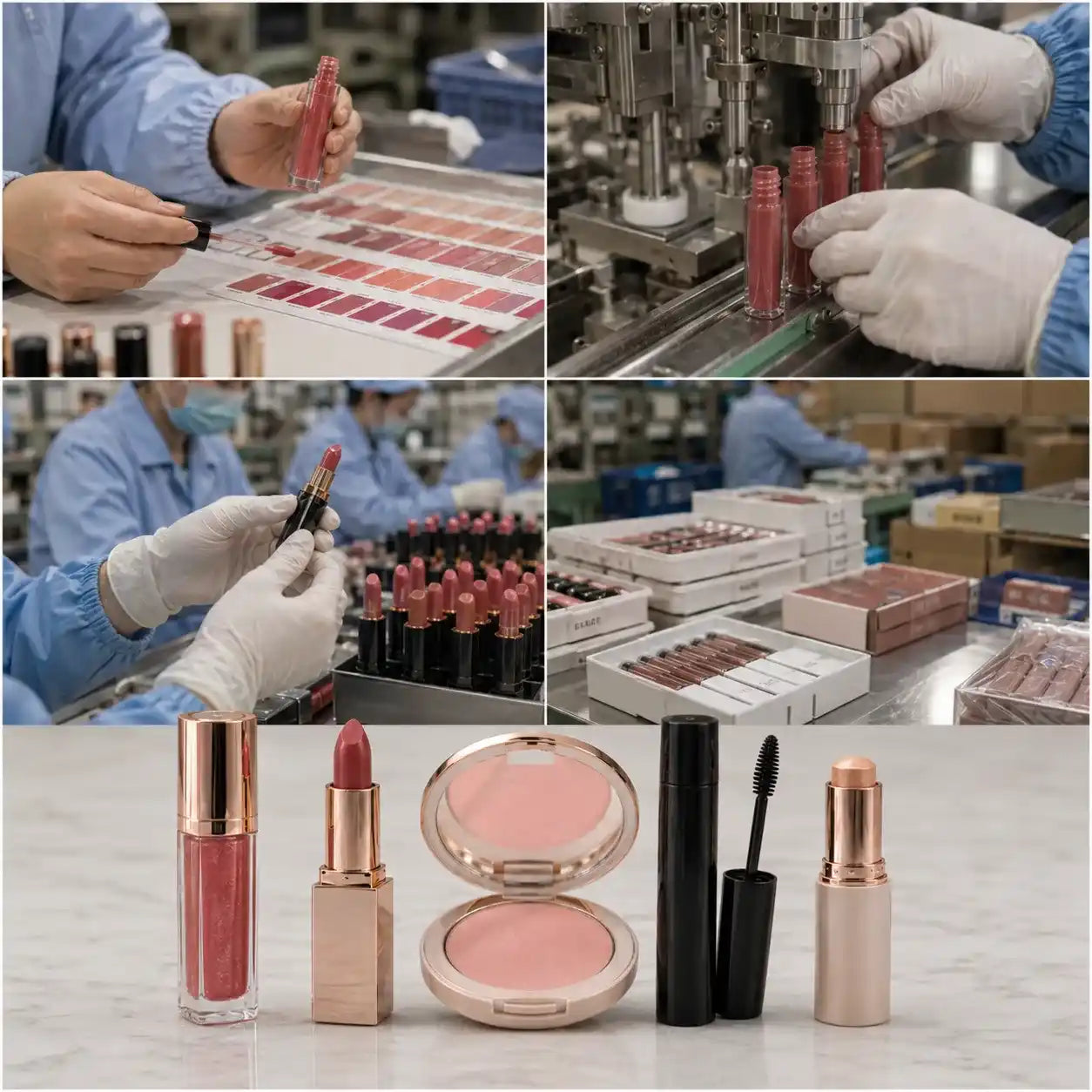Wholesale private label makeup production showcase by KAIYA, showing sample review, filling, packing, and finished makeup products for beauty brands and distributors.