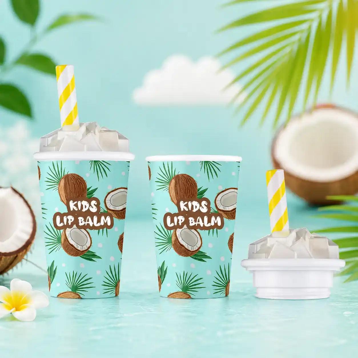 Lip care packaging with heat transfer printing, featuring coconut-themed kids lip balm containers and colorful printed cup designs for custom cosmetic packaging.