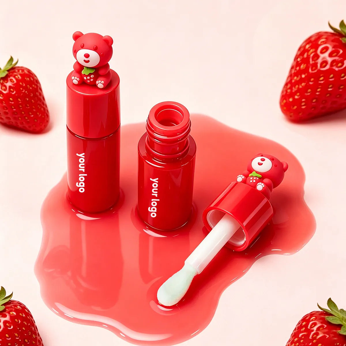 Lip gloss bottle with red packaging and cute bear cap design for custom lip gloss products