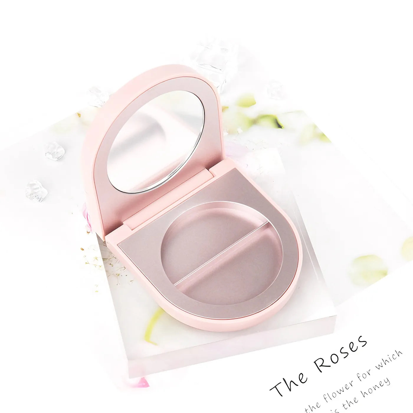Magnetic blush palette with round mirror, soft pink case, and inner pan space for Kaiya cosmetic packaging.