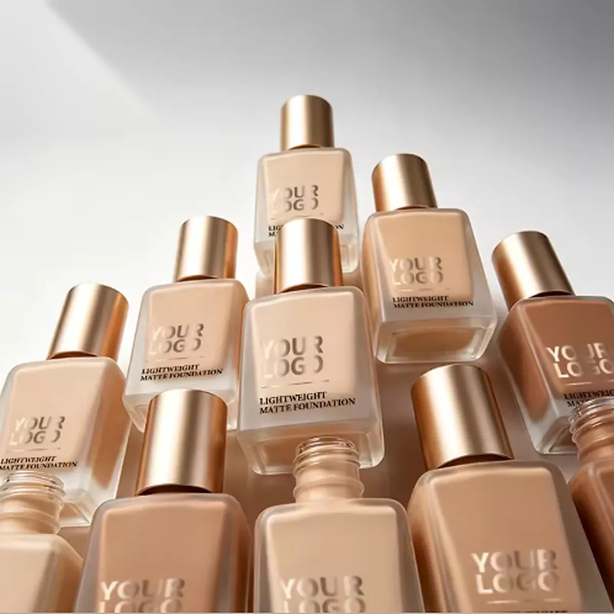 Makeup cosmetics wholesale liquid foundation products in assorted shades for beauty brands looking for wholesale makeup suppliers.