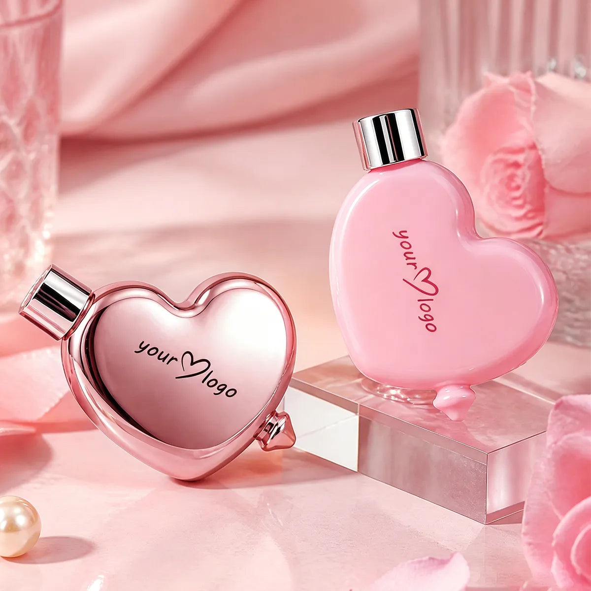 Plastic lip gloss bottles with custom heart shapes showing flexible cosmetic bottle material options