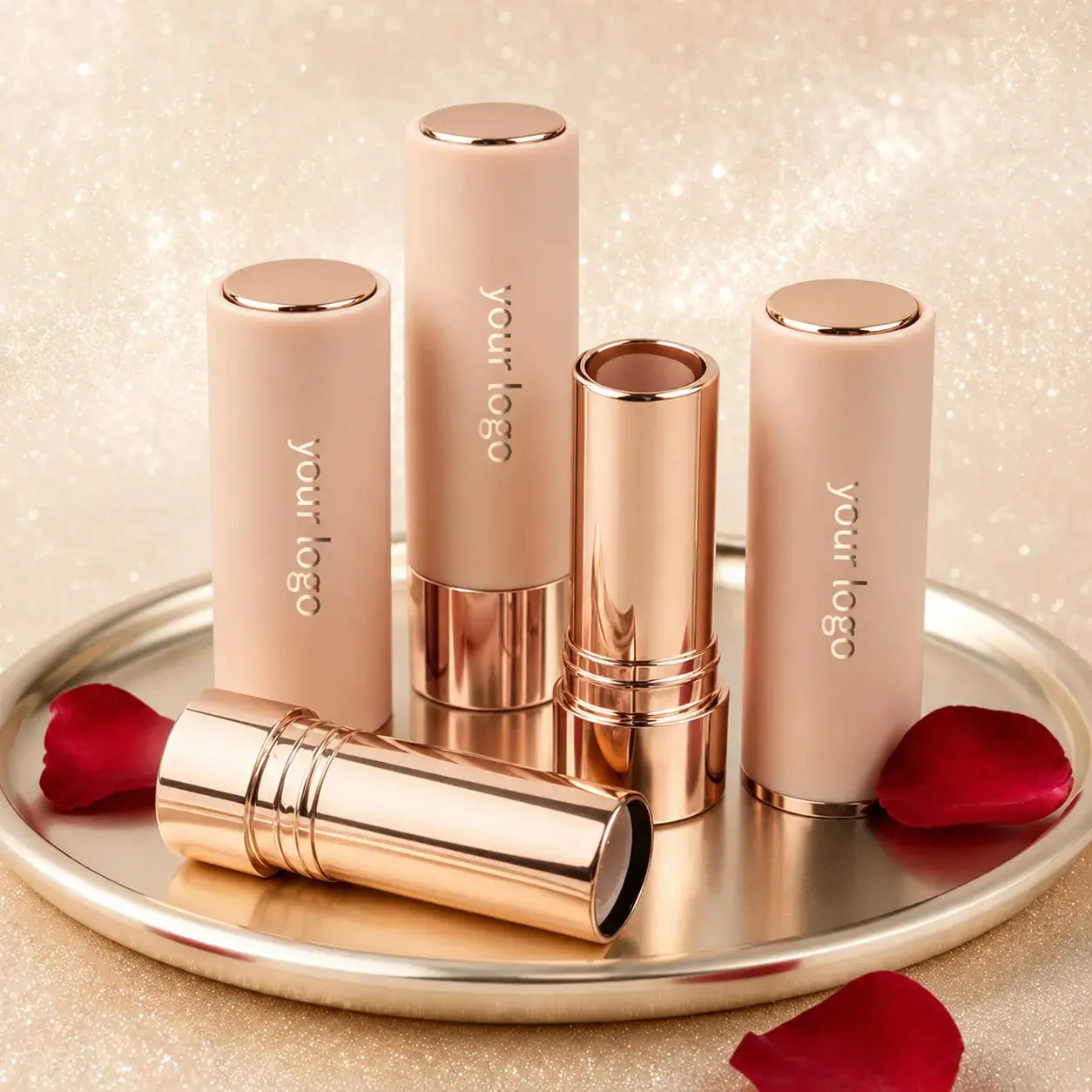 Rose gold lipstick packaging with matching lipstick tubes, rose gold inner cup, custom logo design, and luxury metallic finish for beauty brands