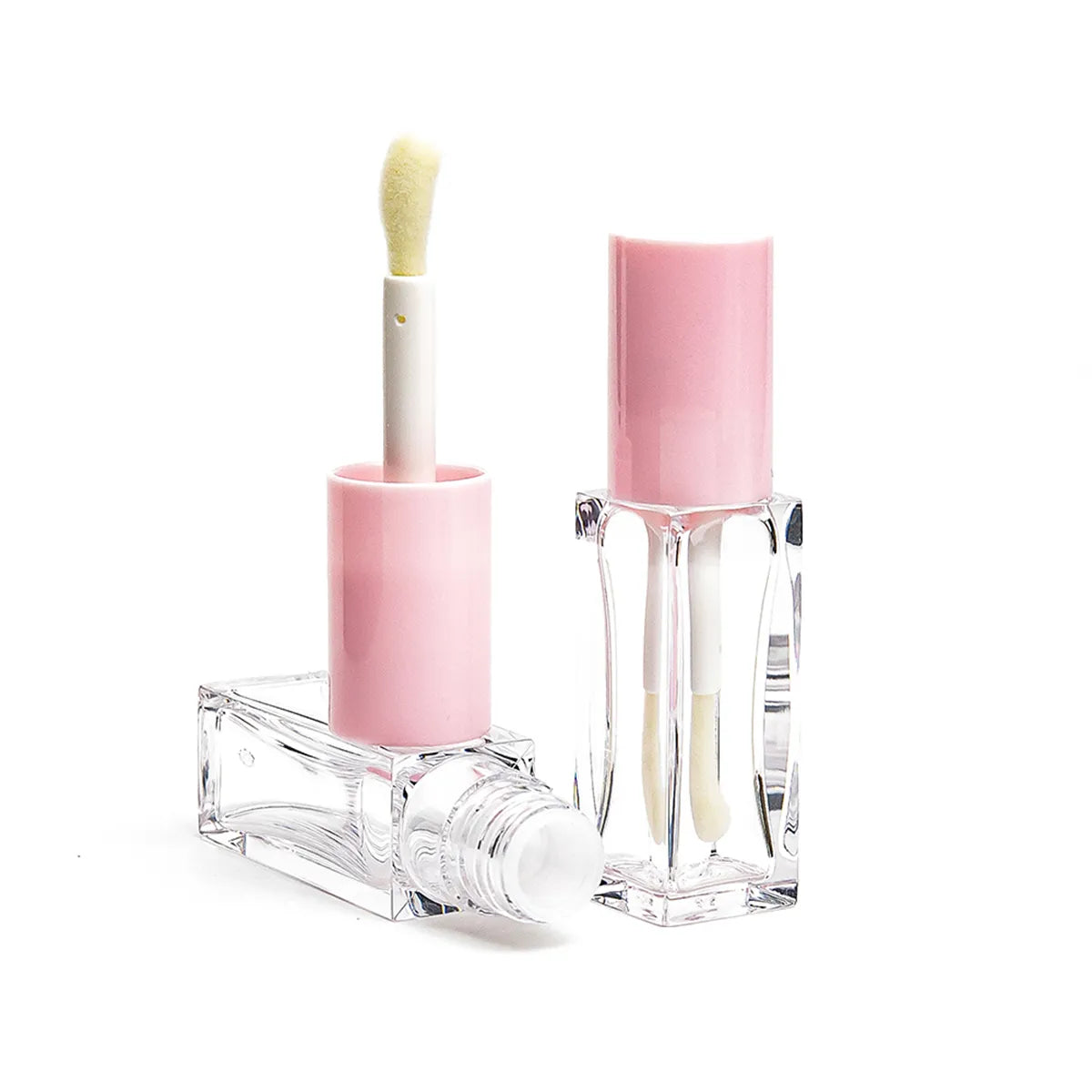Square lip gloss bottle with clear body and pink cap for custom cosmetic projects
