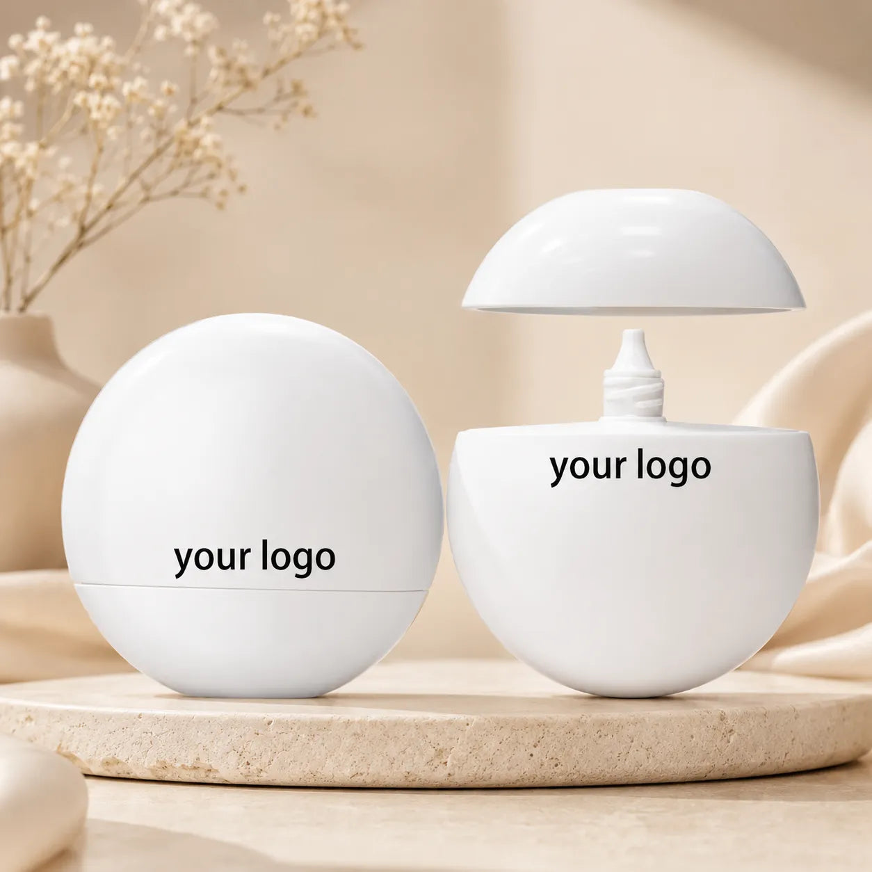Sunblock container in white round squeeze packaging with custom logo for sunscreen cosmetic products